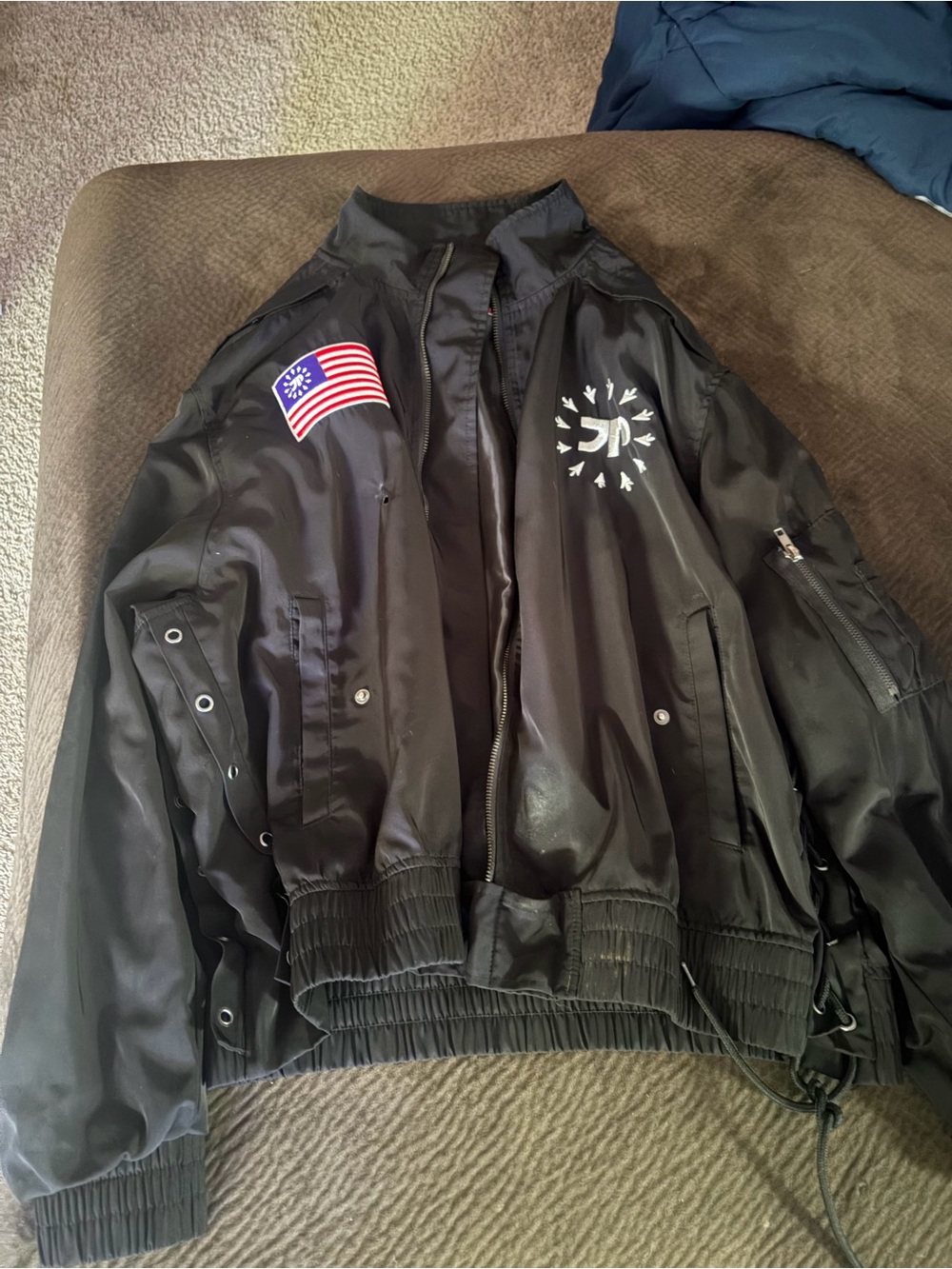 Men's Black Bomber Jacket with Patch Detail